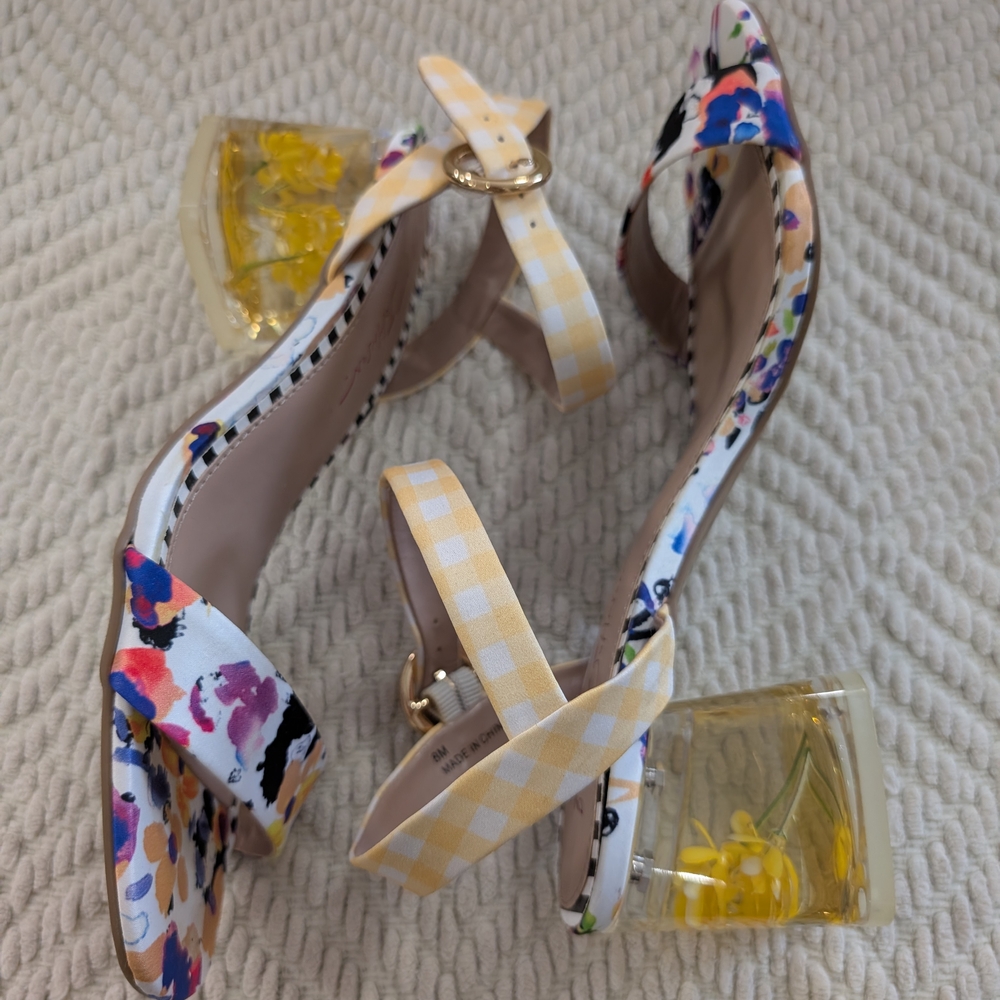 Betsey Johnson Floral Gingham Sandals with Clear Heels.